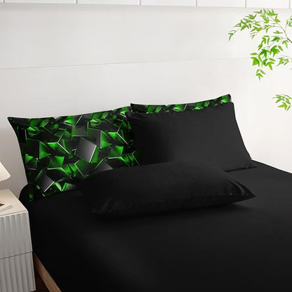 Black and Green Geometric Comforter Set Twin Size 7PCS,Abstract Triangular Printed Bedding Set for Adults,Geometric Mordern Art Decor All Seasons with Pillowcases,Flat, Fitted Sheet