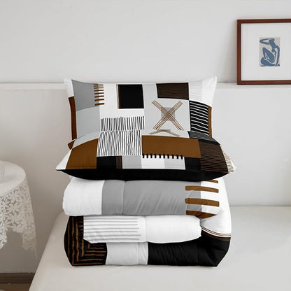 Erosebridal Brown Grey Full Comforter Set for Boys Men Black White Abstract Bedding Set for Kids Adults Geometric Square Quilt Grids Checkered Duvet Insert Modern Fashion Room Decor 3 Pcs