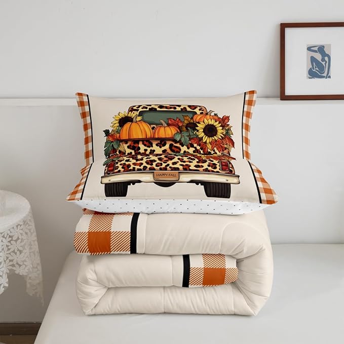 Fall Pumpkin Truck Comforter Set King Orange Rustic Farmhouse Buffalo Plaid Bedding Set Thanksgiving Harvest Season Comforter,Autumn Sunflower Maple Leaves Decorations For Home 2 Pillow Cases