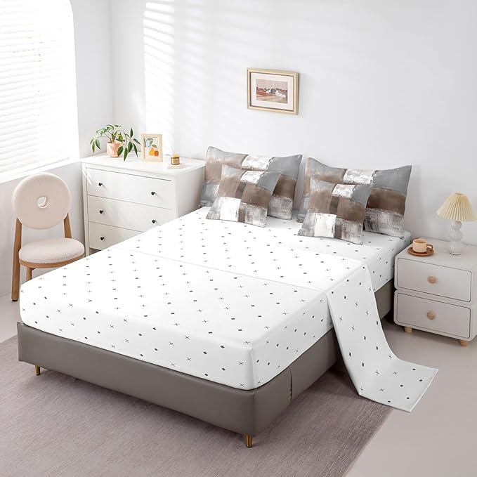 Erosebridal Brown White Grey Bed in a Bag 7 Pieces Graffiti Bedding Comforter Sets with Flat Sheet and Fitted Sheet, Watercolor Twin Bedding Sets with Pillowcases and Throw Pillow Covers