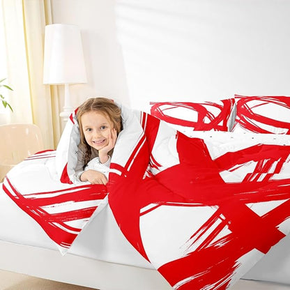 Red and White Abstarct Comforter Set Twin Size for Kids Boys Girs,Graffiti Stripes Lines Bedding Set,Aesthetic Geometric Duvet Insert for Minimalists,Contemporary Boho Modern Art Quilt