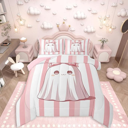 Erosebridal Girls Halloween Decorations King Bedding Set, Pink Ghost Pink Bow Comforter Set for Kids Teens Youth Adults Cute Room Decor, Bows Comforter Abstract Stripes Holloween Quilt, 2 Pillowcases