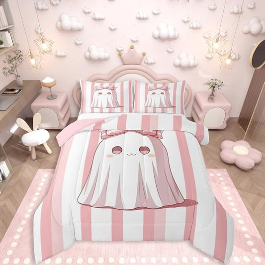 Erosebridal Girls Halloween Decorations Full Size Bedding Set, Pink Ghost Comforter Set for Kids Teens Youth Adults, Pink Bow Comforter Abstract Stripes Holloween Bedding with 2 Pillowcases