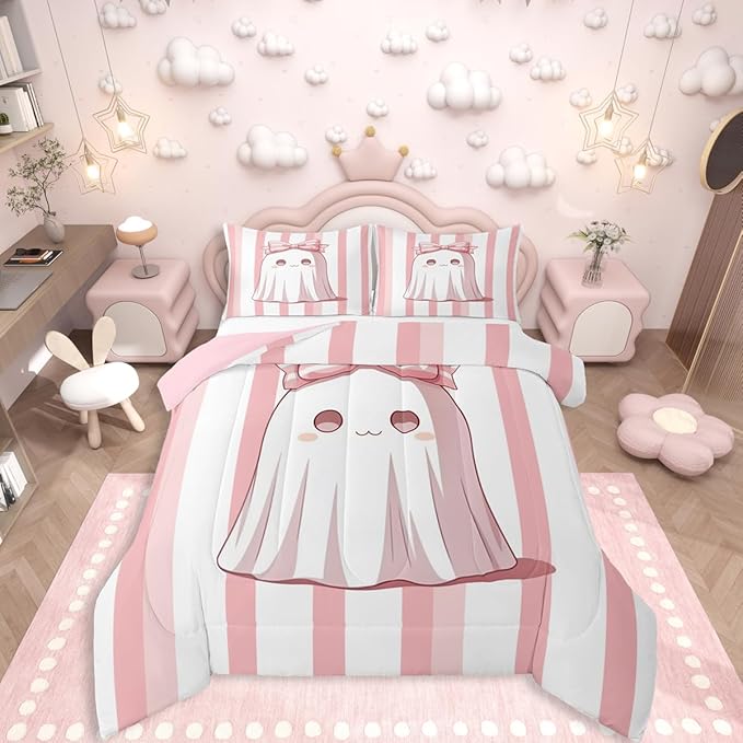 Erosebridal Girls Halloween Decor Queen Comforter Set, Pink Ghost Pink Bow Bedding Set for Kids Boys Youth Adults Kawaii Room Decor, Bows Comforter Abstract Stripes Holloween Quilt with 2 Pillowcases