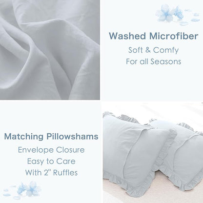 Masaca Shabby Ruffled King Comforter Set,Farmhouse Cornflower Blue Bedding Comforter Lightweight Ultra Soft Vintage Rustic Bedding 3pc (1 Ruffle Comforter and 2 Pillowcases)