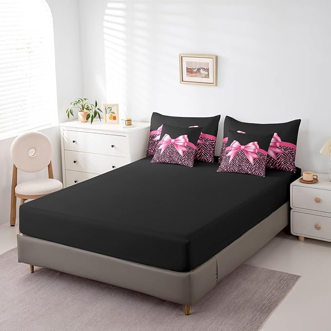 Feelyou Pink Bowknot 7 Piece Bedding Set Twin Size Glitter Print Comforter Set with Sheets for Kids Girls Adult Cute Bowknot Bed in a Bag Black Silver Bed Set