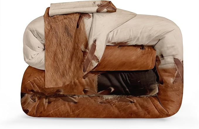 MOVE OVER Brown Cowhide Comforter Set Western Style Patchwork Cow Printed Bedding Set 4 Pieces Soft Microfiber Western Ranch Style Cowboy Chic Comforter Sets for Bedroom Decor