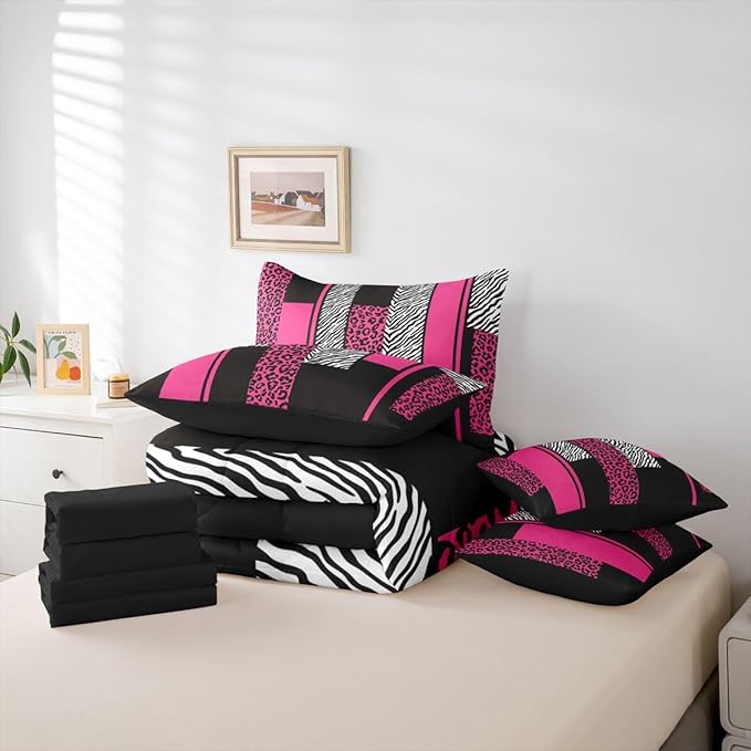Erosebridal Leopard Print Stripes Black Pink Girls Women King 7-Piece Comforter Set | Wild Animal Skin Sheets and Pillowcases Zebra Cheetah Fur Pattern Bed in A Bag Adults Geometric Bed Sets