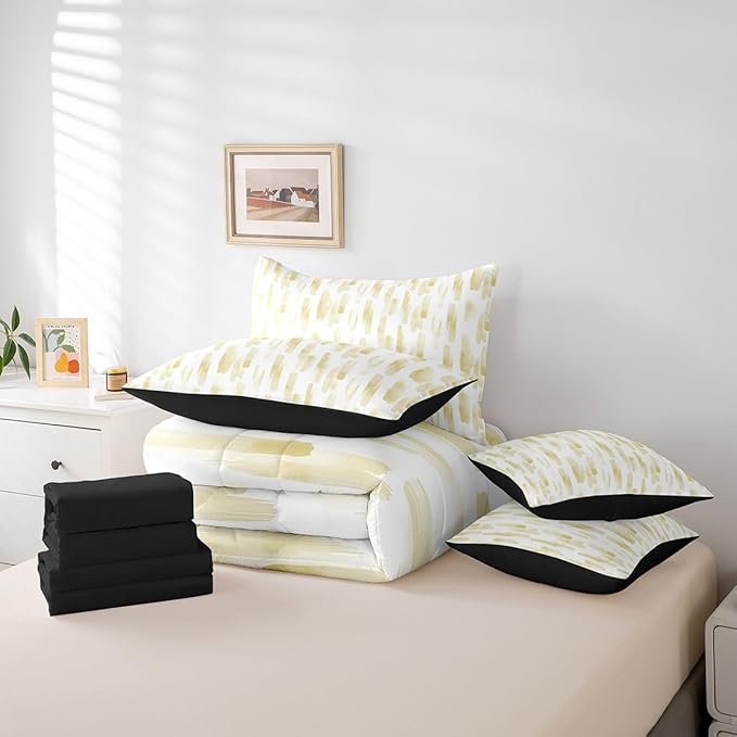 Erosebridal 7Pcs Lemon Yellow Boho Striped Comforter Set Full,Geometric Stripes Abstract Bed in A Bag for Adults Women Men,Modern Ink Watercolor Quilt Set with Pillowcases,Ombre Gradient Art Bedding