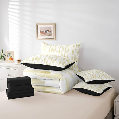 Erosebridal 7Pcs Lemon Yellow Boho Striped Comforter Set Queen,Geometric Stripes Abstract Bed in A Bag for Adults Women Men,Modern Ink Watercolor Quilt Set with Pillowcases,Ombre Gradient Art Bedding