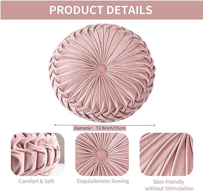 NatureMan 13.7 inch Round Sofa Cushion Pure Color Velvet Home Decor, Pleated Round Cushion, Pumpkin Pillow Suitable for Home Bed car Decoration (Pink)