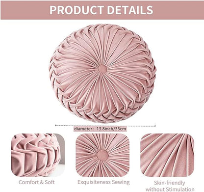 NatureMan 13.7 inch Round Sofa Cushion Pure Color Velvet Home Decor, Pleated Round Cushion, Pumpkin Pillow Suitable for Home Bed car Decoration (Pink)