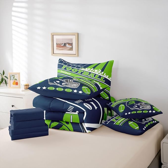 Feelyou Football 7 Pieces Comforter Sets Queen Size Kids Rugby Sports Bedding Set for All Season Football City Bed in a Bag with Comforter, Sheets, Pillowcases & Cushion Cover