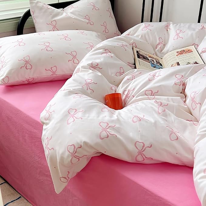 Nayoroom Pink Bow Comforter Set Full Size Polka Dot Bowknot Printed Cute Comforter 3 Pieces Soft Lightweight Kids Girls Dorm Bedding Set for All Seasons