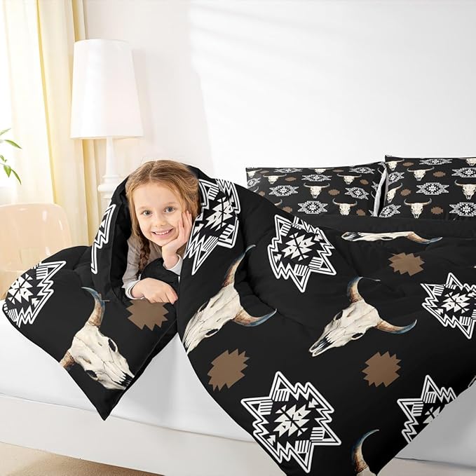 Feelyou Black Bull Skull Comforter Set Queen Size Kids Western Aztec Duvet Quilt for Boys Girls Teens Southwestern Bohemian Boho Wild Cowboy Tribal Rustic Bedding Set Soft Room Decor 3Pcs