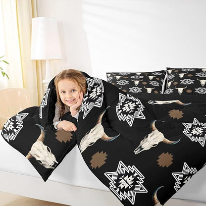 Feelyou Black Bull Skull Comforter Set Queen Size Kids Western Aztec Duvet Quilt for Boys Girls Teens Southwestern Bohemian Boho Wild Cowboy Tribal Rustic Bedding Set Soft Room Decor 3Pcs