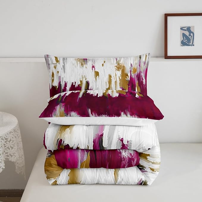 Erosebridal Abstract Graffiti Comforter Full Hot Pink Bedding Set for Girls Women, Oil Painting Gradient Down Comforter Modern Artwork Bed Set, Ombre Brush Strokes Quilted Duvet