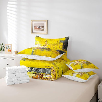 Erosebridal French Paris Full Comforter Set 7pcs Romantic Eiffel Tower Bed in a Bag, Yellow Gradient Bedding Comforter Sets Retro Grunge Bedding Set with Fitted Sheet, Flat Sheet and Pillowcases