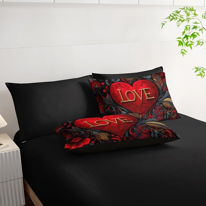7 Piece Red Heart Comforter Set Queen Size，Black and Gold Flowers Bedding Queen Set ，(1 Comforter, 1 Flat Sheet, 1 Fitted Sheet, 2 Pillowcase and 2 Pillow Sham)，Valentine's Day Decor Bedroom