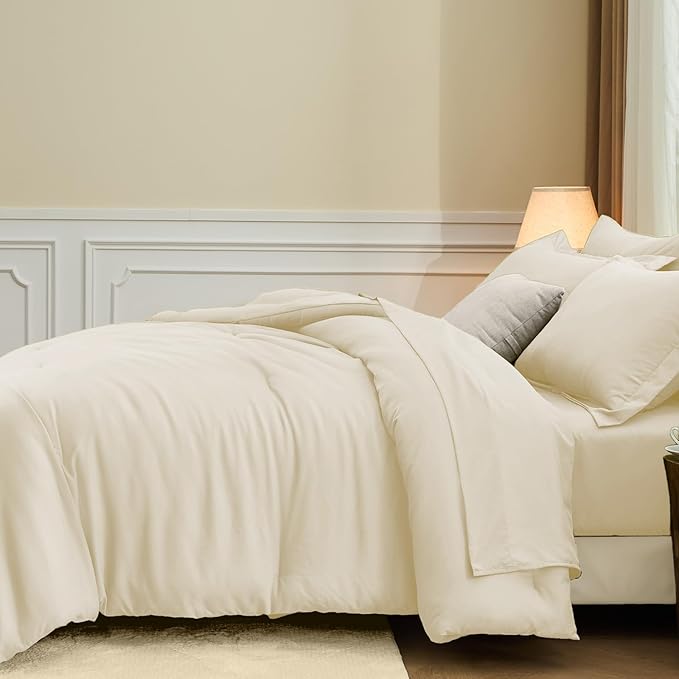 FUANNA Twin Comforter Set Cream White, 5 Pieces Soft Twin Size Bedding Sets, All Season Lightweight Bed in a Bag with Comforter, Flat Sheet, Fitted Sheet, Pillowcase & Sham