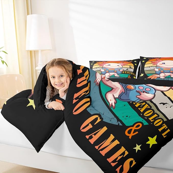 Gamer Bedding Set Axolotl Comforter Set King, Video Games Gaming Down Comforter For Kids Boys Girls Teens, Rainbow Duvet Set, Cute Wildlife Animal Bedroom Decor, Pink Orange, With 2 Pillow Cases