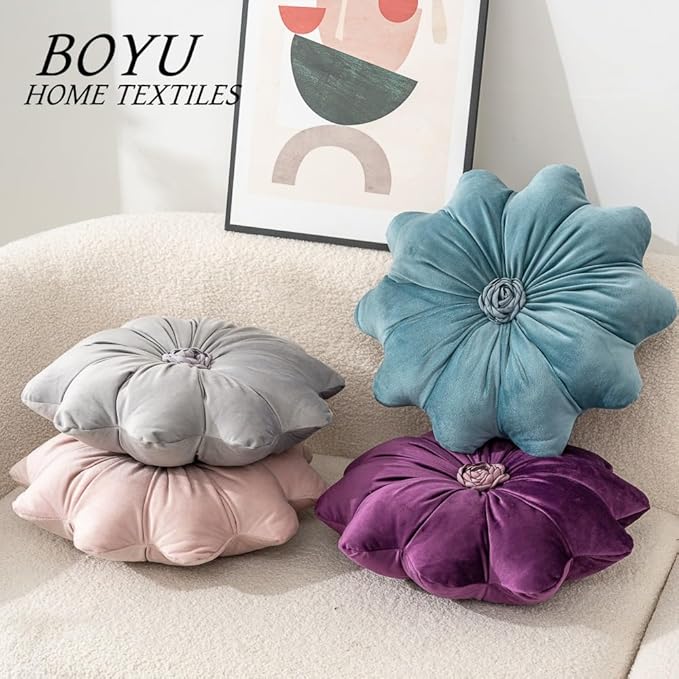 15.7 Inches Round Throw Pillows Velvet Flower Chair Cushion for Couch Sofa Chair Bed Home Decoration (Beige)