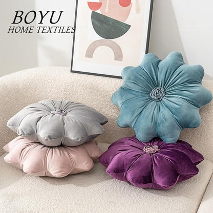 15.7 Inches Round Throw Pillows Velvet Flower Chair Cushion for Couch Sofa Chair Bed Home Decoration (Beige)