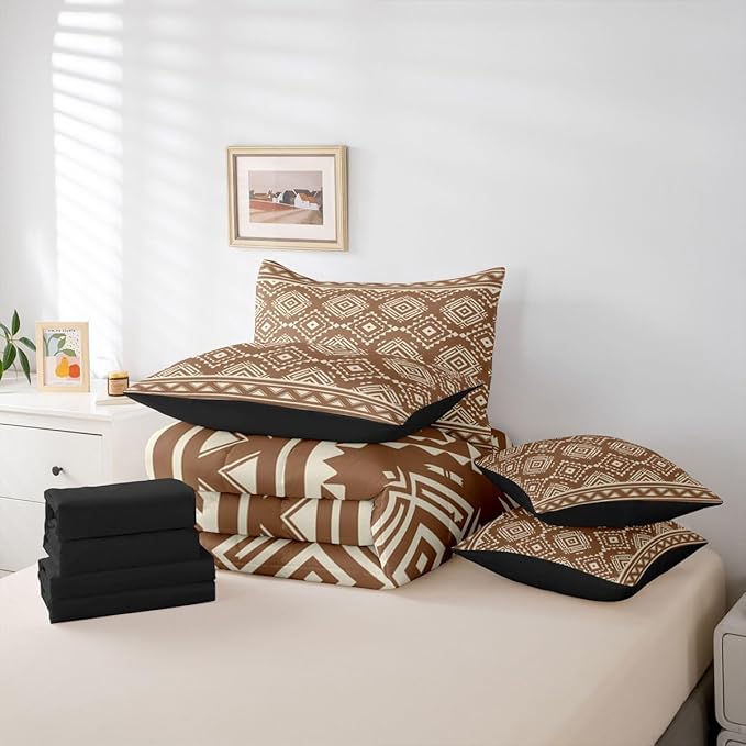 Erosebridal Western Aztec Bed in A Bag 7 Pcs Retro Native Southwestern Comforter Set for Women Men Rustic Ethnic Tribal Geometric Bedding Sets King Brown Exotic Bohemian Sheet Set with Comforter