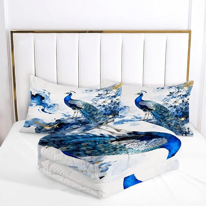 Peacock Comforter Set Queen 3 Pieces Blue Floral Bird Bedding Set for Teens Elegant Comforter with 2 Pillowcase, Super Soft Microfiber All Season