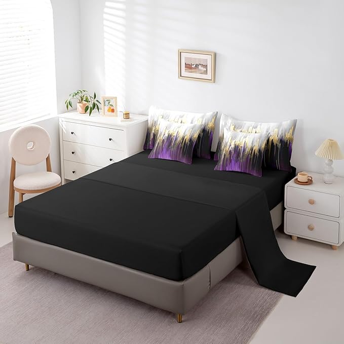 Purple Bedding Comforter Sets 7pcs Watercolor Graffiti Bed in a Bag, Striped Oil Painting Queen Bedding Sets Aesthetic Modern Comforter Set, Ombre Brush Marks Contemporary Bedding Sets & Collections