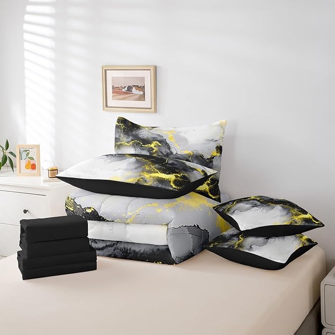 Erosebridal Yellow Black Marble Twin Comforter Set 7-Piece Watercolor Marbling Bedding Comforter Sets, Stone Pattern Bed in a Bag Modern Abstract Art Bedding Set, Retro Ink Painting Bed Sheets Set
