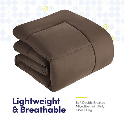 Sweet Home Collection 5 Piece Comforter Set Bag Solid Color All Season Soft Down Alternative Blanket & Luxurious Microfiber Bed Sheets, Brown, Twin XL
