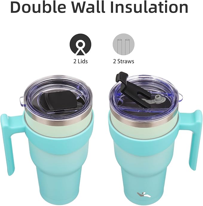 40 oz Tumbler with Handle and 2 Straw 2 Lid, Insulated Water Bottle Stainless Steel Vacuum Cup Reusable Travel Mug, Mint
