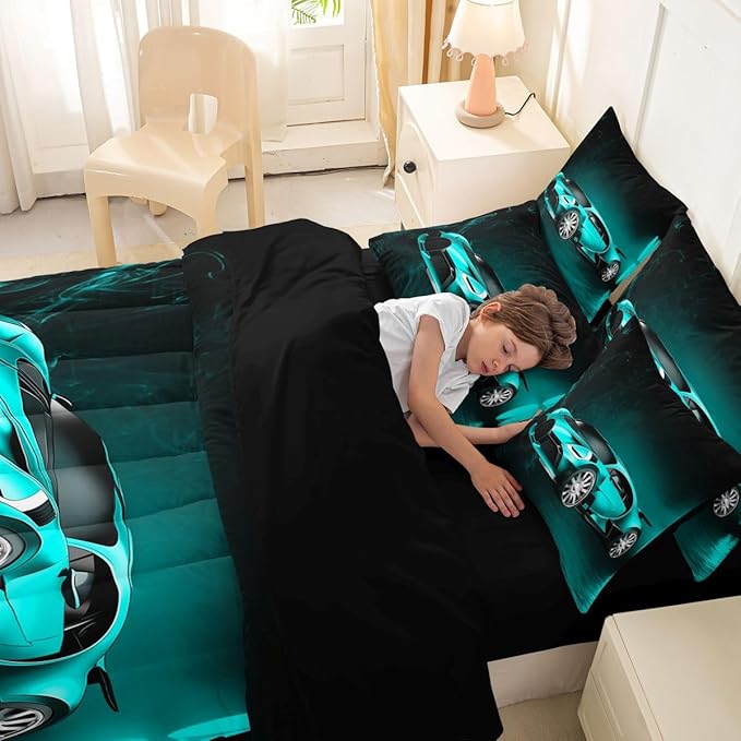 Feelyou Sports Car 7 Piece Bedding Set Teal Blue Race Car Comforter Set with Sheets for Kids Boys Girls Extreme Sports Theme Bed in a Bag Cool Speed Car Decor Bed Set with 1 Pillowcase Twin Size