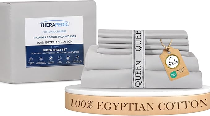 Therapedic 100% Egyptian Cotton Queen 6-Piece Sheet Set – Naturally Cooling & Breathable Sateen, Preshrunk Garment Wash, 16" Deep Pocket Fitted Sheet, Bonus Pillowcases, Soft & Durable - Dove