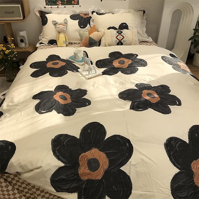 KAREVER Black Floral Comforter Set Black Botanical Bedding King Women Chic Blankets Lightweight Black Sunflower Reversible Bed Comforter Set King Size