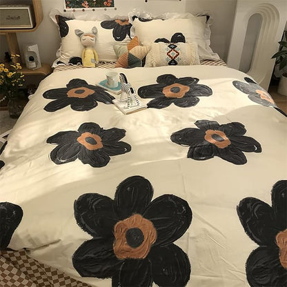KAREVER Black Floral Comforter Set Black Botanical Bedding King Women Chic Blankets Lightweight Black Sunflower Reversible Bed Comforter Set King Size