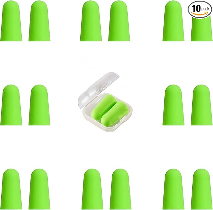 10 Pairs Green Reusable Ear Plugs, 32dB NRR Noise Reduction, Washable Slow-Rebound Foam Earplugs for Sleeping, Snoring, Work, Concerts, Travel