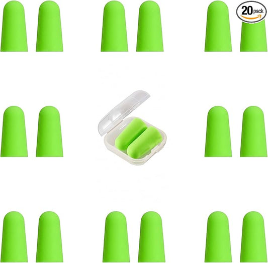 20 Pairs Green Reusable Ear Plugs, 32dB NRR Noise Reduction, Washable Slow-Rebound Foam Earplugs for Sleeping, Snoring, Work, Concerts, Travel
