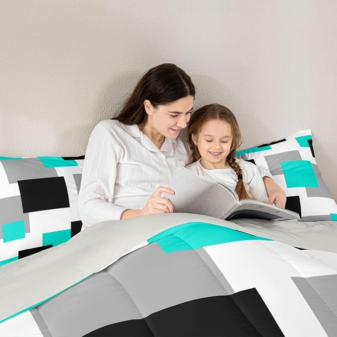 Castle Fairy Teal Grid Bedding Set for Boys Girls,Modern Abstract Square Splicing All Season Cozy Comforter Set with 2 Pillowcases Full,Black Grey Geometric Duvet Set Bedroom Decor,Festival Gifts