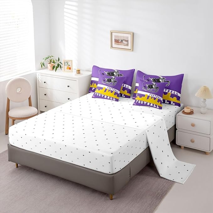 Erosebridal Football 7 Pcs Comforter Set King Football City Bedding for Teens Purple Football Fans Sheet Set Bed in A Bag Rugby Game Room Decor Sports Ball Competition Bed Set