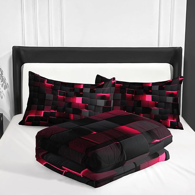 Neon Pink Black Comforter Set Full Geometric Kids Bedding Set,3 PCS Geometry Honeycomb Bed Set Modern Quilt Set 1 Comforter 2 Pillow Cases Cool Room Decor All Season B-Side Black