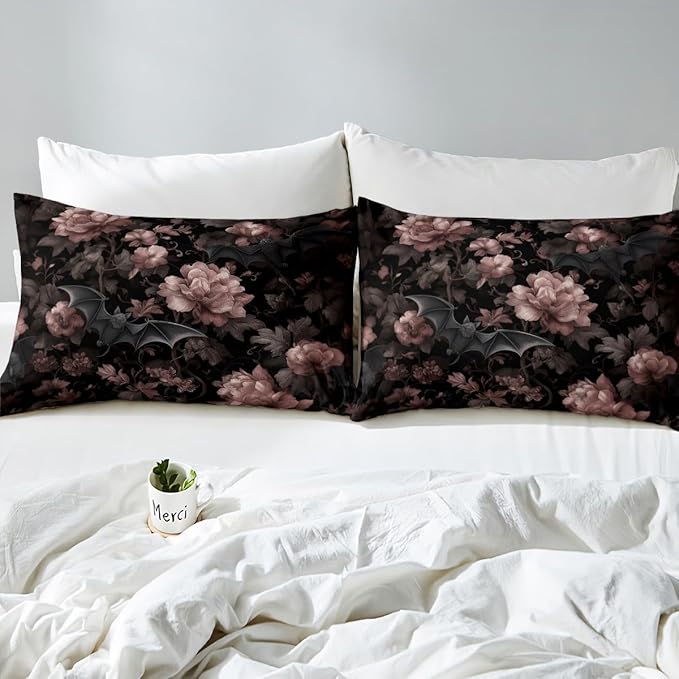 Erosebridal Gothic Toddler Comforter Set for Home, Goth Halloween Decor Bedding Set for Kids Teens Women Men Bedroom, Gothic Bat Black Floral Comforter, Vintage Victorian Baroque Quilt, 1 Pillowcase