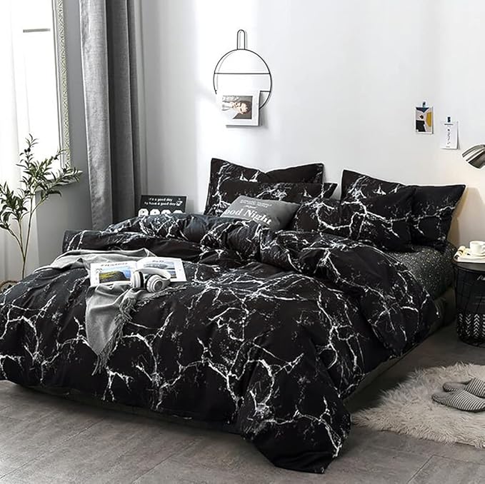 KAREVER Black Comforter Set Boys Black Marble Bedding Set Twin Lightweight Soft Blanket Teen Boy Girls Breathable Black Marble Quilt Set 3 PCs Bed Comforter Set