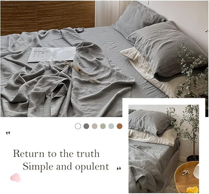 Simple&Opulence Washed Linen Bed Sheet Set Basic Style 4 Pieces (1 Flat Sheet & 1 Fitted Sheet & 2 Pillowcases) 100% Natural French Flax Soft Breathable Farmhouse Bedding (Queen, Ultimate Gray)