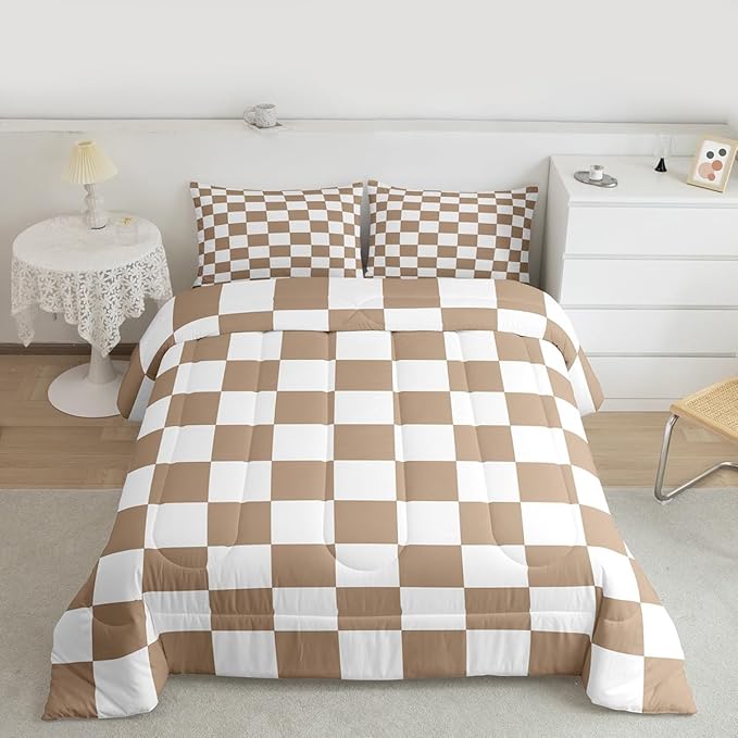 Feelyou Checkered Bedding Set for Boys Girls Brown Plaid Comforter Set Queen Size Vintage Checkerboard Geometric Duvet Quilt Reversible Grey Bedroom Decor 3 Pcs with 2 Pillow Cases