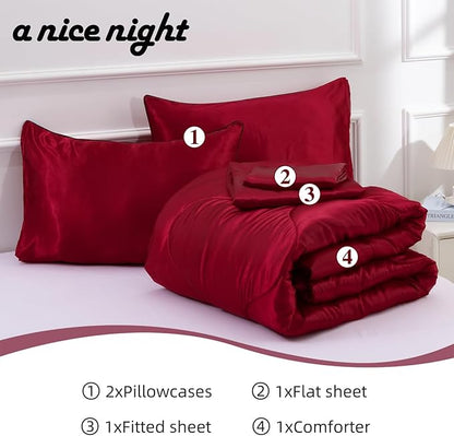 A Nice Night 5PCS Satin Silky Soft Quilt Luxury Super Soft Microfiber Bedding Thin Comforter Set Queen,Red