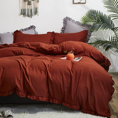 CLOTHKNOW Rust Ruffles Queen Comforter Set Boho Farmhouse Bedding Comforter Sets Caramel Comforter Soft Shabby Chic Comforter Vintage Rustic