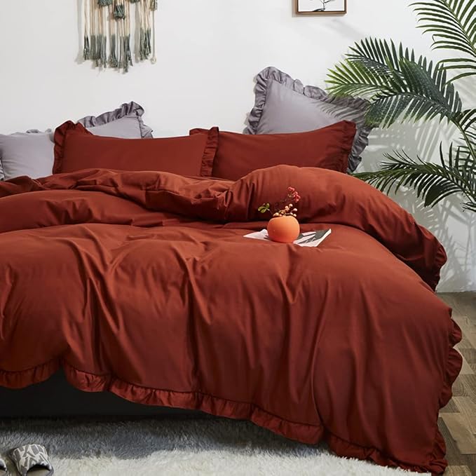 CLOTHKNOW Terracotta Ruffles California King Comforter Set 3Pcs Rust Farmhouse Bedding Comforter Sets Burnt Orange Comforter Soft Shabby Chic Comforter Vintage Rustic Bedding Sets