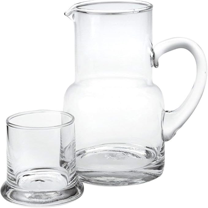 Badash Long Island Crystal Pitcher Set - 2-Piece 24 oz. Mouth-Blown Lead-Free Crystal Glass Carafe with 6 oz. Glass Set - Perfect Bedside or Desktop Water Pitcher